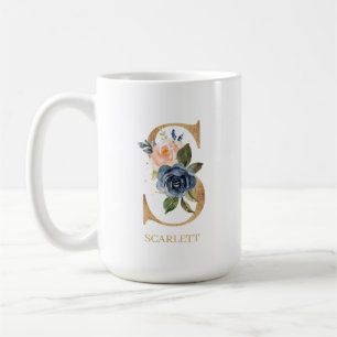 Taza De Café Letra floral monograma "S" de la Marina Rubor pers