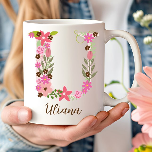 Taza De Café Letra floral monograma U personalizada (Personalized Monogram Floral Letter U Coffee Mug)