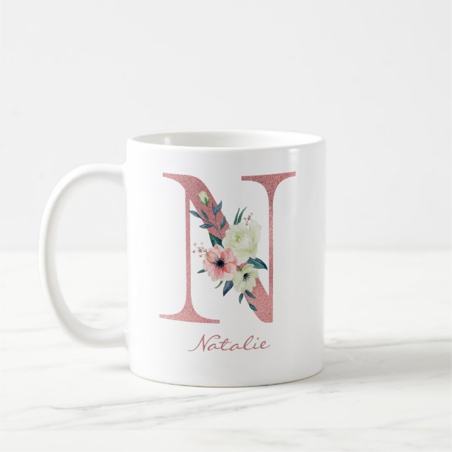 Taza De Café Letra floral n inicial - Bouquet rosa e marfil (Izquierda)