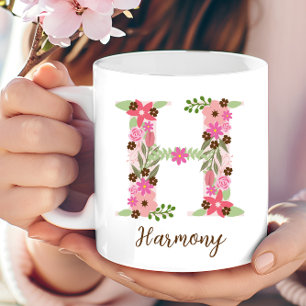 Taza De Café Letra Floral Personalizada Monograma H Flor Rosa