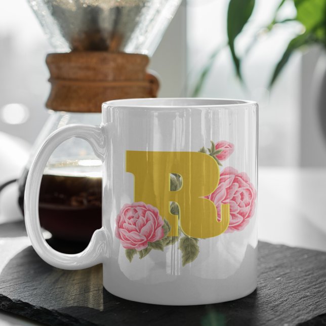 Taza De Café Letra floral Rosa inicial Monograma Pareja (Subido por el creador)