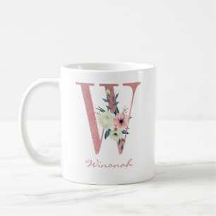 Taza De Café Letra floral rosa W inicial