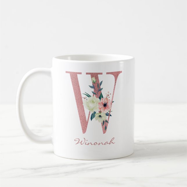 Taza De Café Letra floral rosa W inicial (Izquierda)