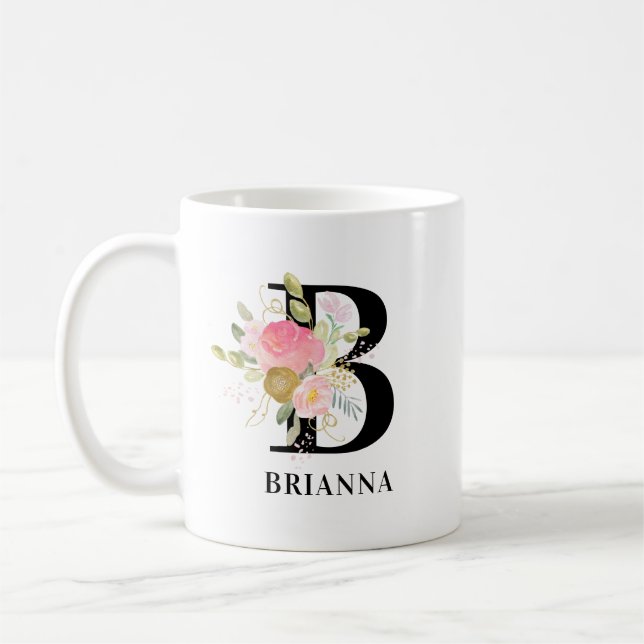 Taza De Café Letra floral rosa y dorada monogramada (Izquierda)