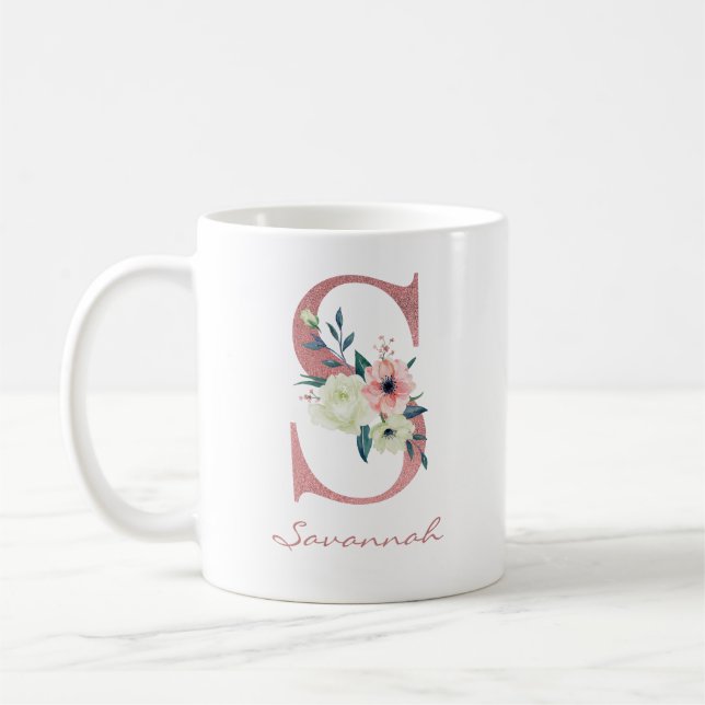 Taza De Café Letra floral S inicial - Bouquet rosa y marfil (Izquierda)
