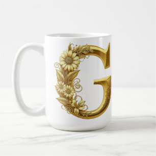 Taza De Café Letra G dorada lujosa con diseño de margaritas flo