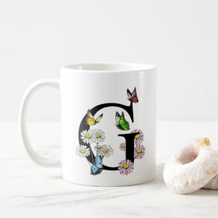 Taza De Café Letra G Monograma de mariposa acuarela botánica