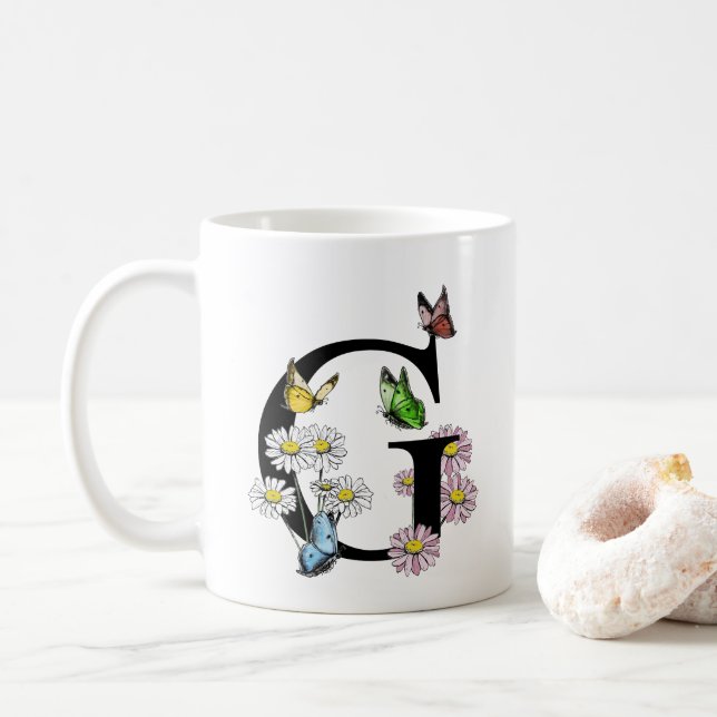 Taza De Café Letra G Monograma de mariposa acuarela botánica (Con donut)