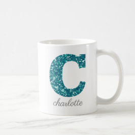 Taza De Café Letra Girly Sparkly Verde azulada Purpurina Monogr