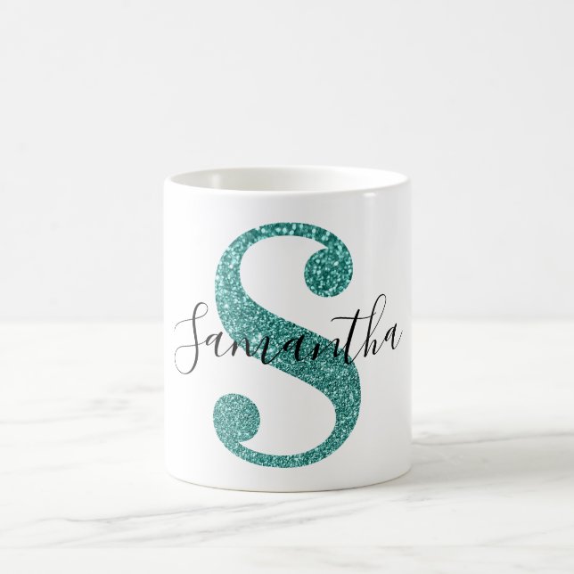 Taza De Café Letra Girly Sparkly Verde azulada Purpurina S Mono (Centro)
