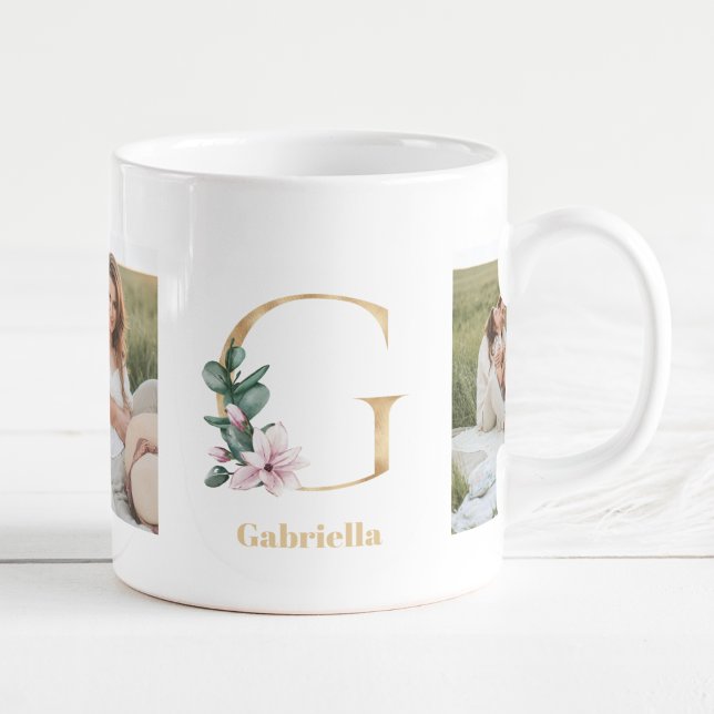 Taza De Café Letra Gold moderna G flor | Dos monografías fotogr (Subido por el creador)