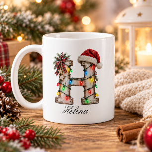 Taza De Café Letra H de monograma navideño festivo rústico