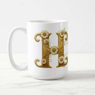Taza De Café Letra H dorada lujosa con diseño de margaritas flo