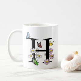 Taza De Café Letra H Monograma de mariposa acuarela botánica