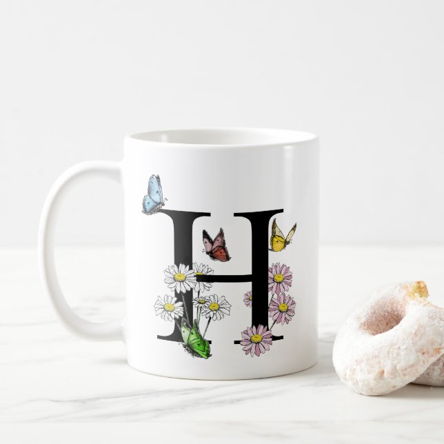 Taza De Café Letra H Monograma de mariposa acuarela botánica (Con donut)