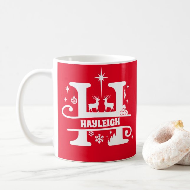 Taza De Café Letra H Navidades Monograma Nombre inicial rojo   (Con donut)