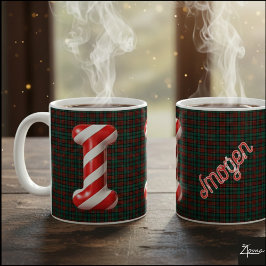 Taza De Café Letra I de Candy Cane Brillante Rayada de Navidad