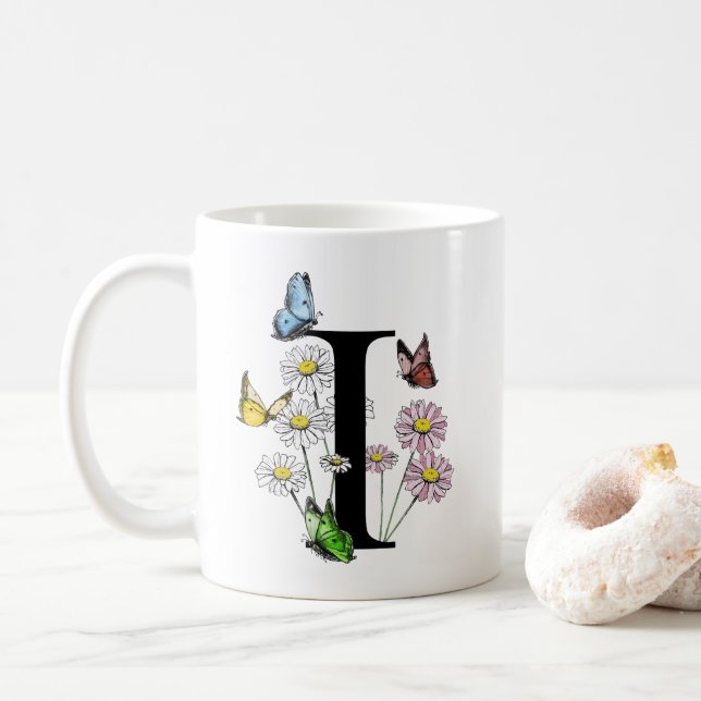 Taza De Café Letra I Monograma de mariposa acuarela botánica (Con donut)