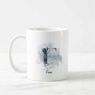 Taza De Café Letra Inicial F Personalizada de Acuarela Azul