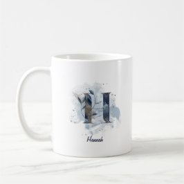 Taza De Café Letra Inicial H Personalizada de Acuarela Azul
