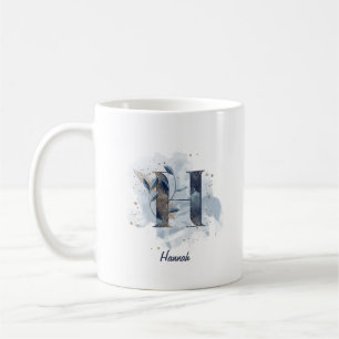 Taza De Café Letra Inicial H Personalizada de Acuarela Azul