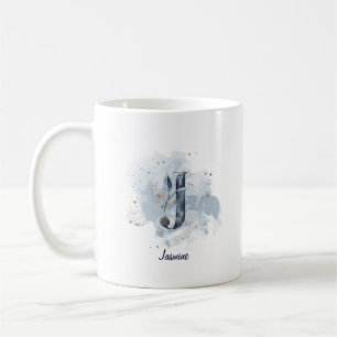 Taza De Café Letra Inicial J Personalizada de Acuarela Azul