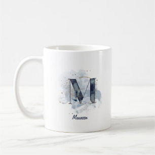 Taza De Café Letra Inicial M Personalizada Acuarela Azul