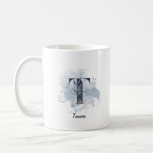 Taza De Café Letra Inicial T Personalizada de Acuarela Azul
