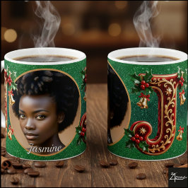 Taza De Café Letra J de Navidad de terciopelo rojo de lujo dora