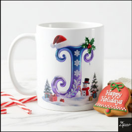Taza De Café Letra J de Navidad iridiscente con muñeco de nieve
