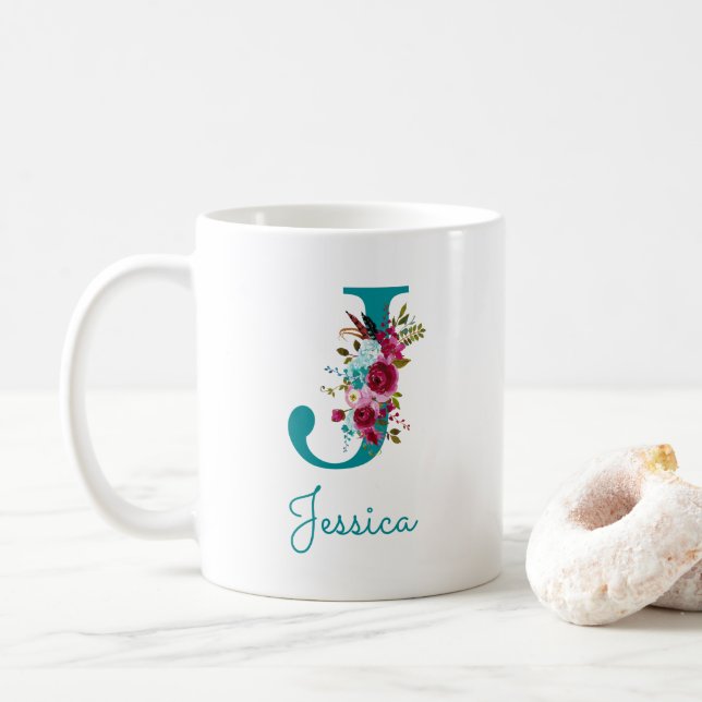 Taza De Café Letra J Floral Verde Teal Rosa (Con donut)