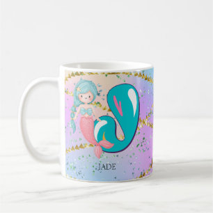 Taza De Café Letra J Monograma Acuarela Cute Sirena Nursera