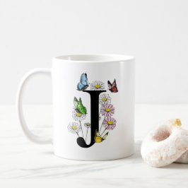 Taza De Café Letra J Monograma de mariposa acuarela botánica