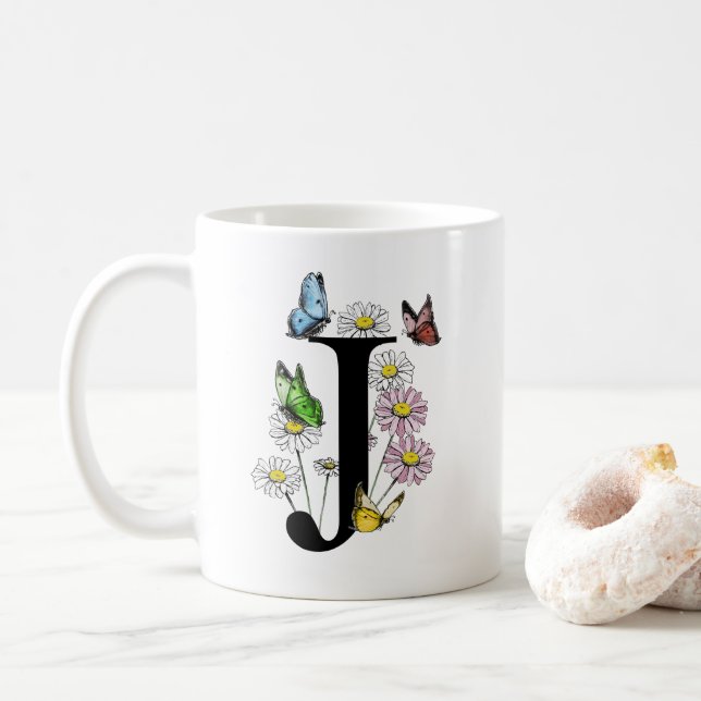 Taza De Café Letra J Monograma de mariposa acuarela botánica (Con donut)