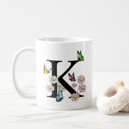 Taza De Café Letra K acuarela floral mariposa monograma