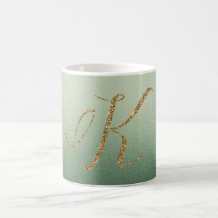 Taza De Café Letra K de purpurina dorada verde oliva