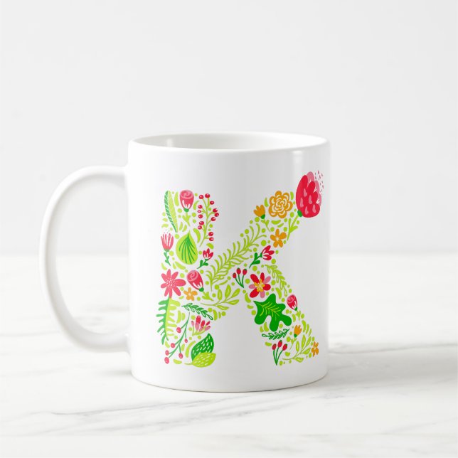 Taza De Café Letra K en tazón de café con flores (Izquierda)