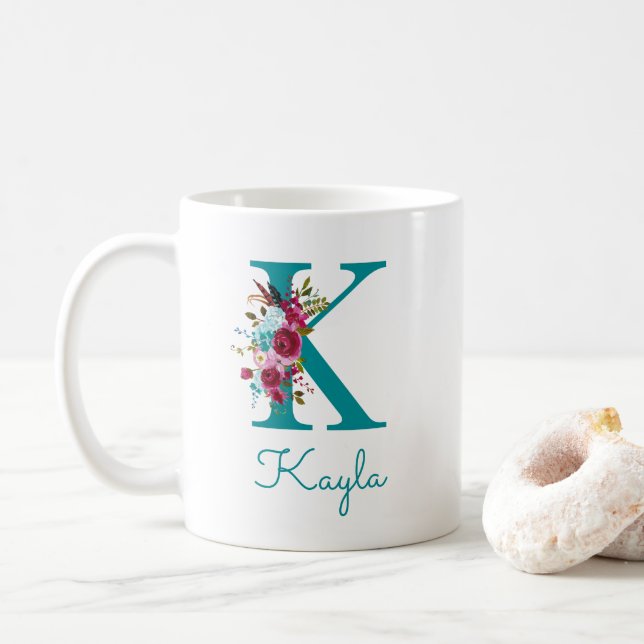 Taza De Café Letra K Floral Verde Teal Rosa (Con donut)
