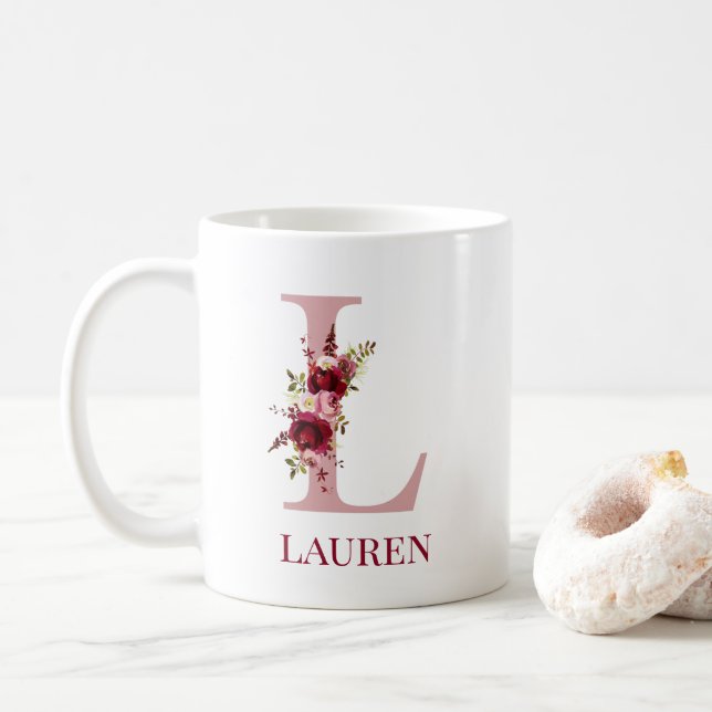 Taza De Café Letra L Burgundy Rubor Floral (Con donut)