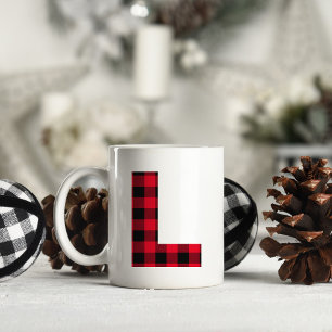 Taza De Café Letra L de monograma de cuadros de búfalo rojos y 
