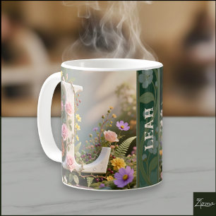 Taza De Café Letra L de Monograma de Jardín Floral Blanco