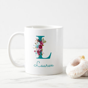 Taza De Café Letra L Floral Rosa Turquesa