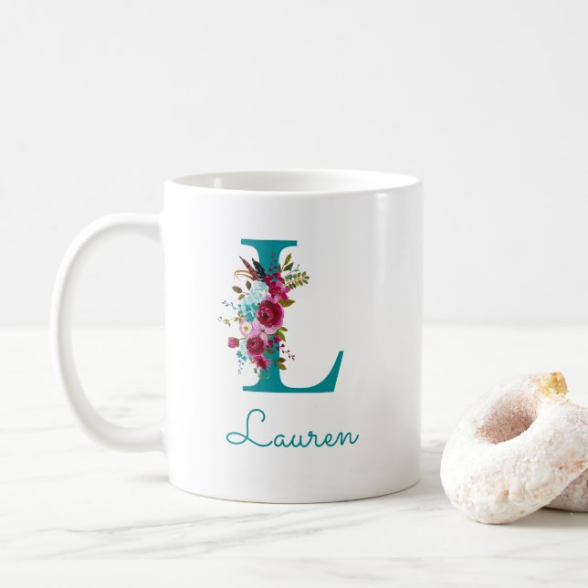 Taza De Café Letra L Floral Rosa Turquesa (Con donut)