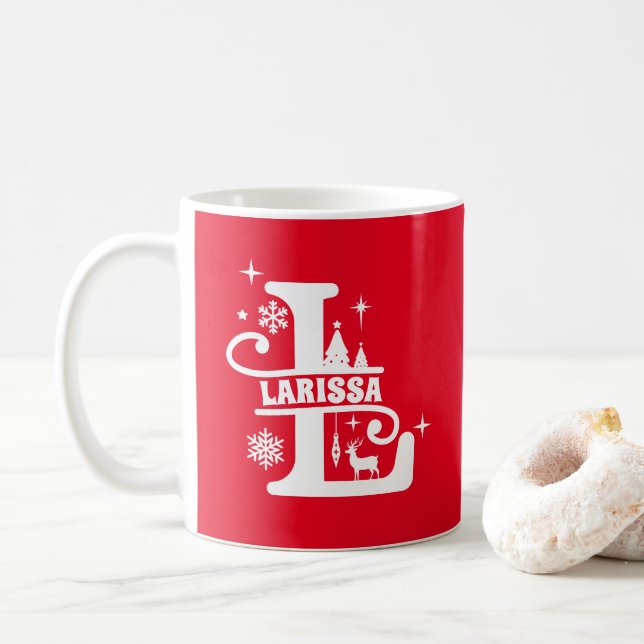 Taza De Café Letra L Navidades Monograma Nombre inicial rojo (Con donut)