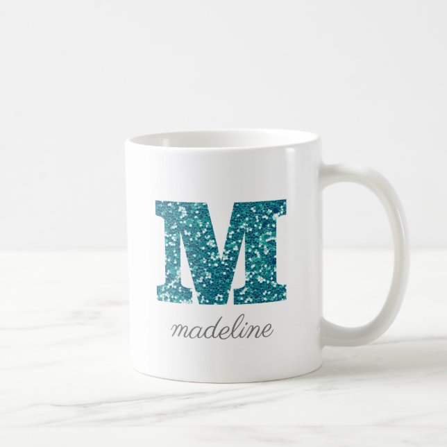 Taza De Café Letra M Aqua Blue Purpurina Mug Personalizada (Derecha)