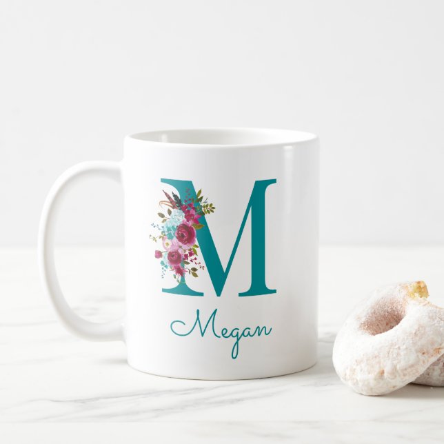 Taza De Café Letra M Floral Verde Teal Rosa (Con donut)