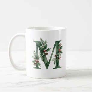 Taza De Café Letra M Monograma Botánico Acuarela de Navidad