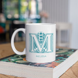 Taza De Café Letra M Monograma Verde azulado Nombre moderno Caf