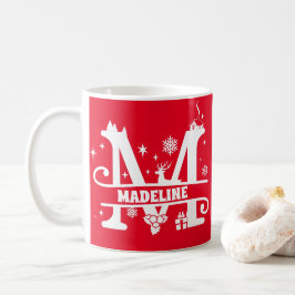 Taza De Café Letra M Navidades Monograma Nombre inicial rojo  