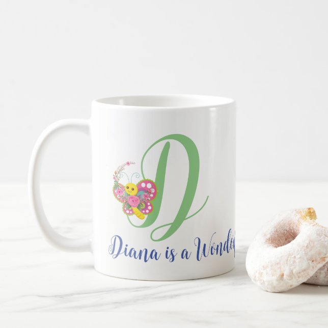 Taza De Café Letra mariposa D Mug floral (Con donut)